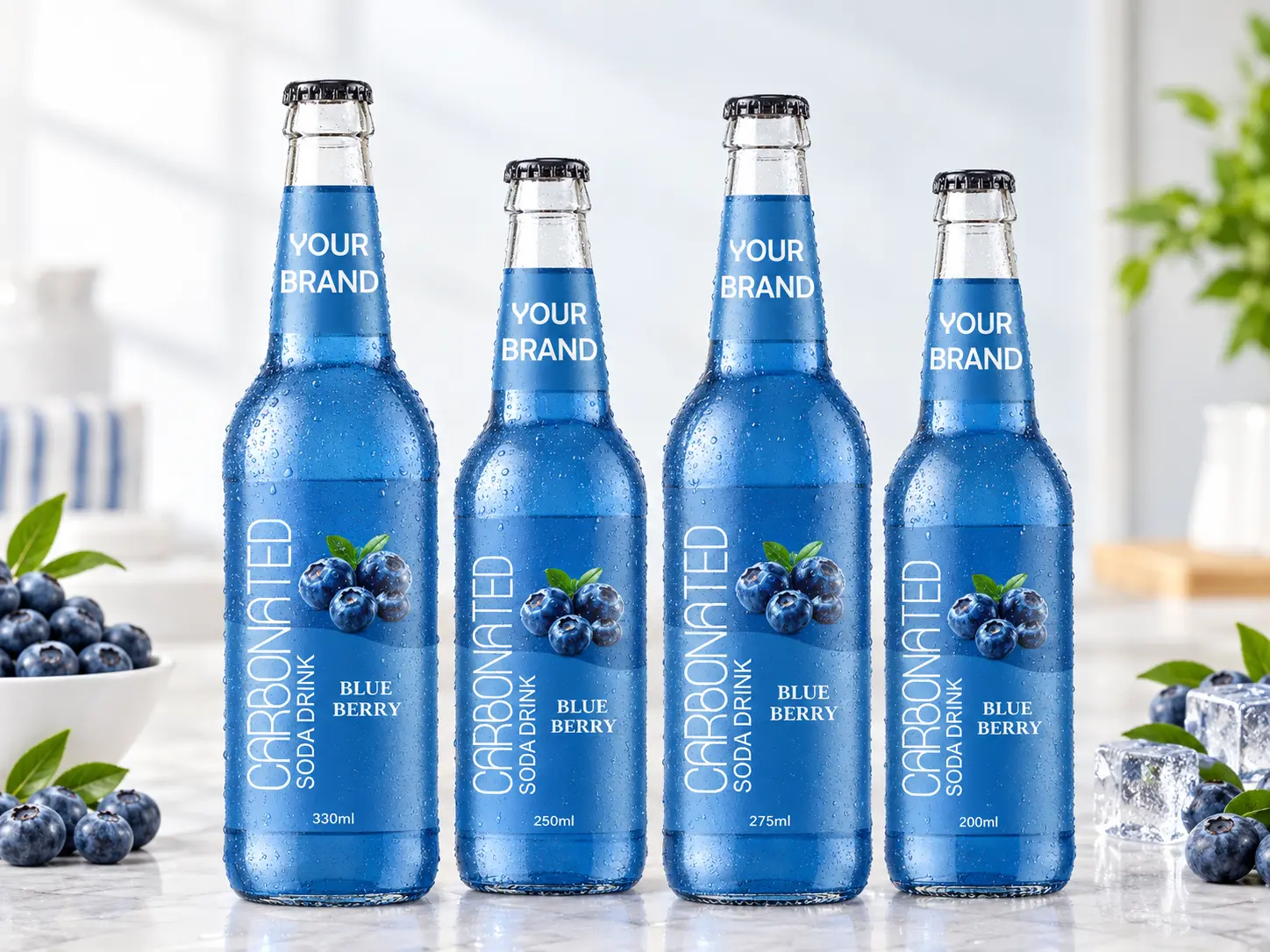 CARBONATED SODA DRINK Blueberry flavour in 330ml, 250ml, 275ml and 200ml glass bottles.